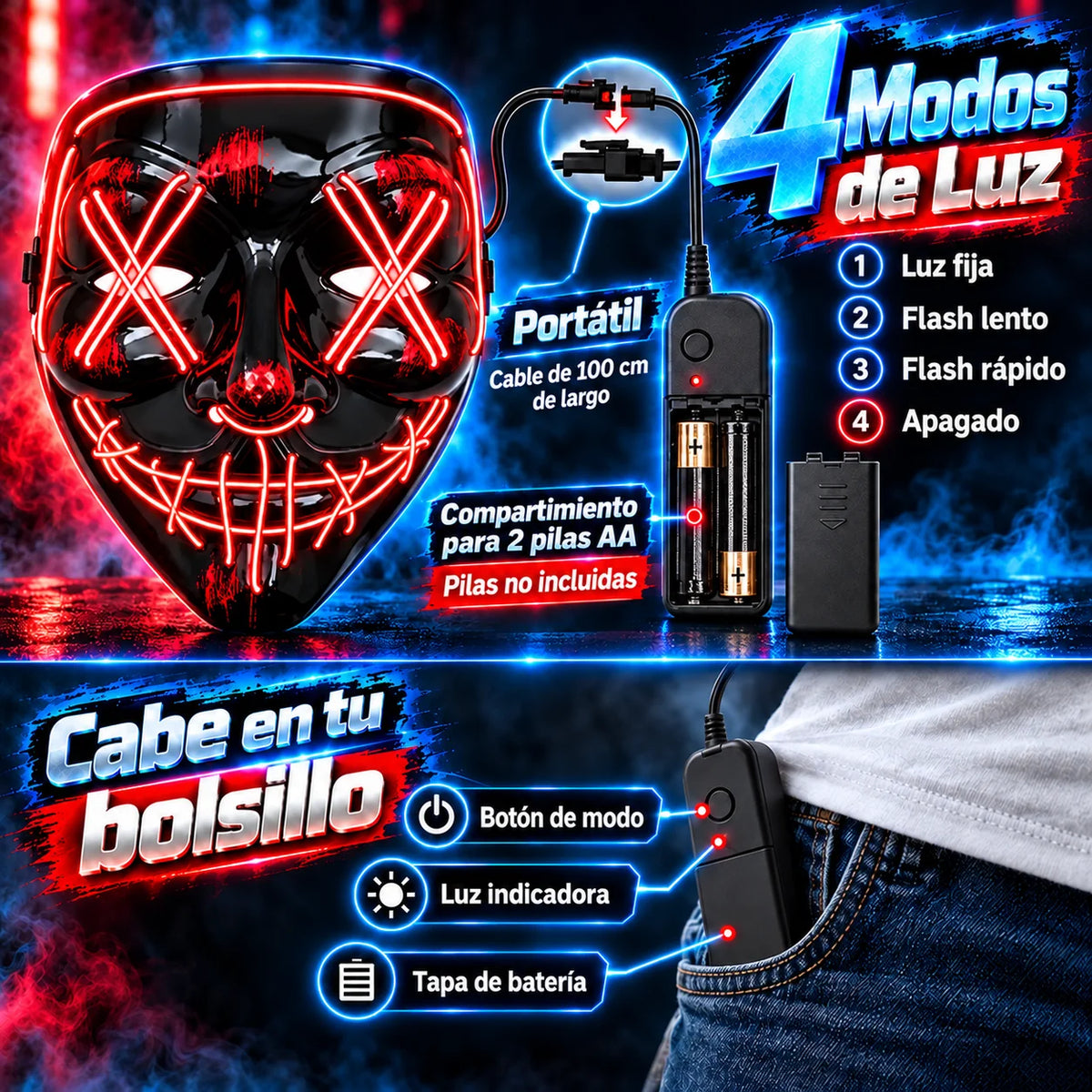 Máscara Dark Led - 4 Modos de Luz a un Botón