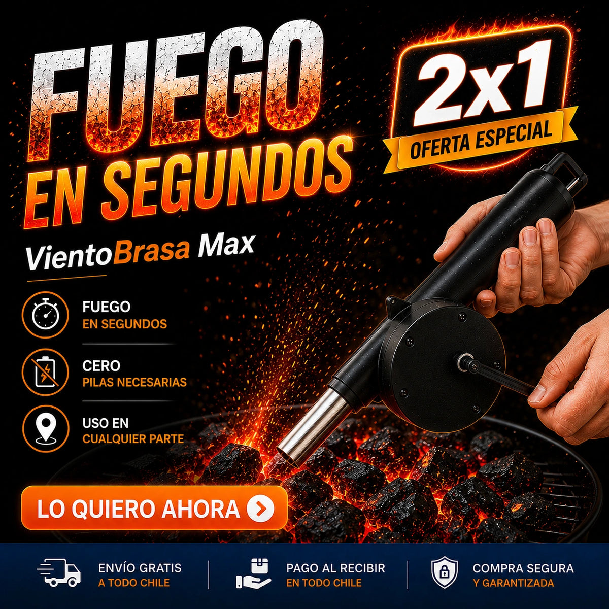 VientoBrasa Max - Fuego Listo Sin Enchufe ni Pilas