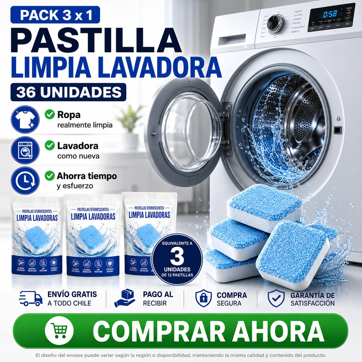 PACK 3 x 1 - PASTILLA LIMPIA LAVADORA (36 UNID.)