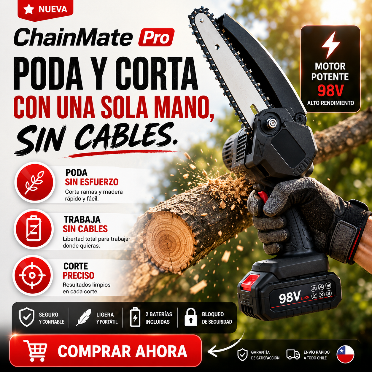 ChainMate Pro — Poda y corta con una sola mano, sin cables