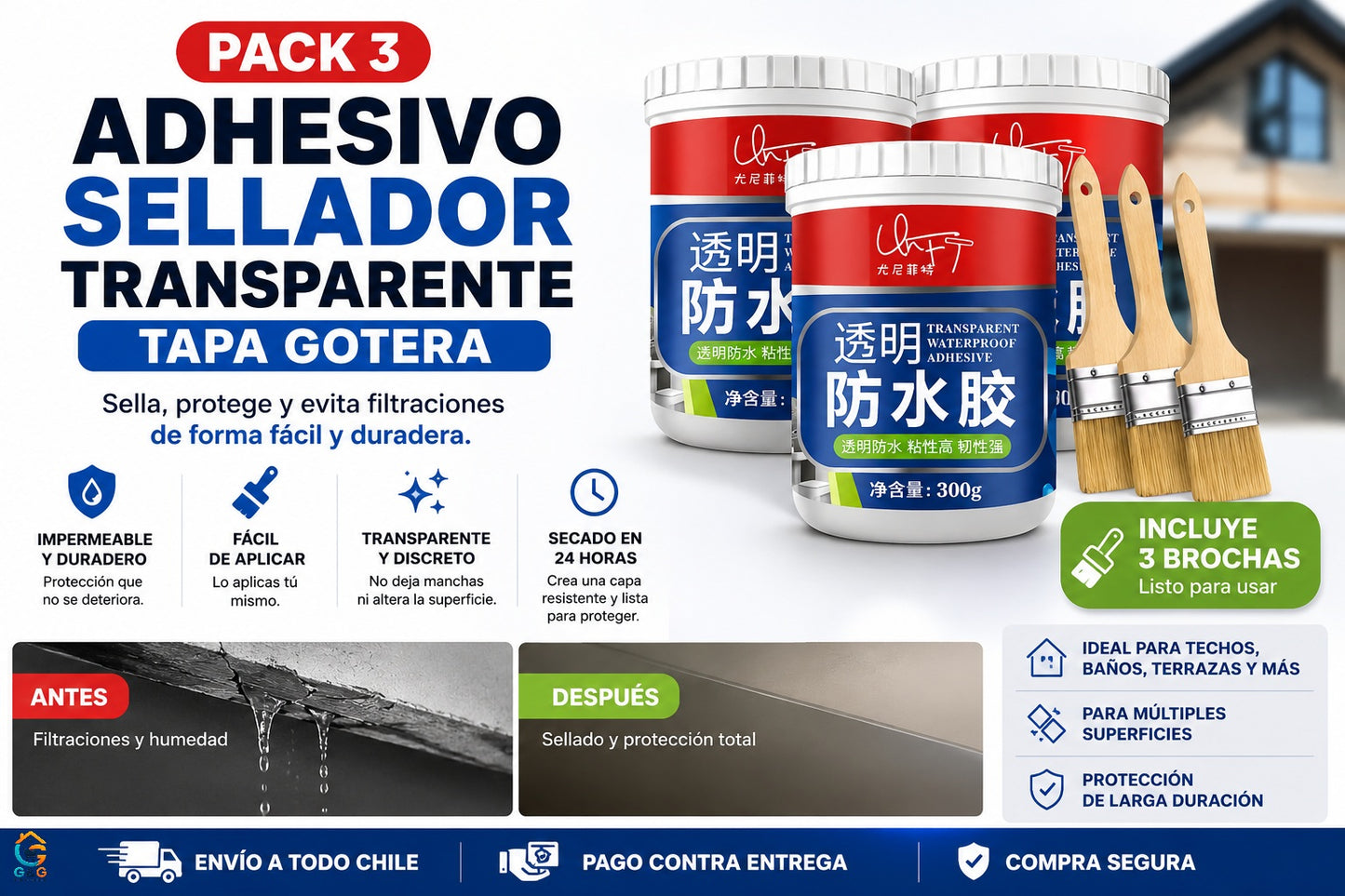 PACK 3 ADHESIVO SELLADOR TRANSPARENTE TAPA GOTERA