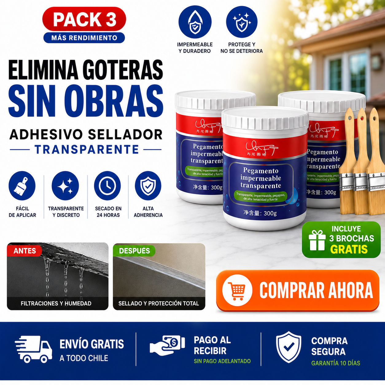 PACK 3 ADHESIVO SELLADOR TRANSPARENTE TAPA GOTERA