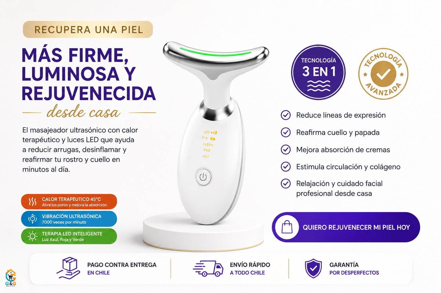 MASAJEADOR FACIAL TRIPLE-LED ANTIEDAD