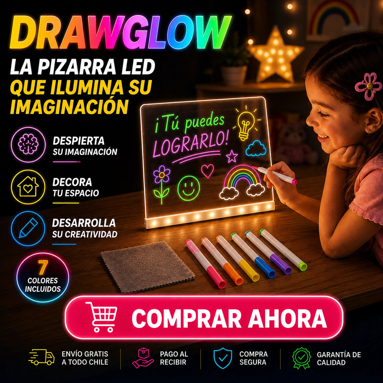 DrawGlow 7Colors- Dibuja, Ilumina y Borra en Segundos
